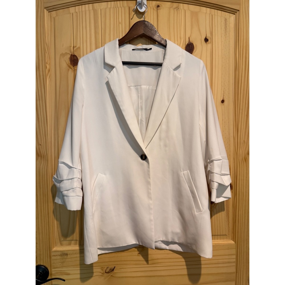Doe & Rae Womens White Ruched 3/4 Sleeve Single Button Blazer Jacket Size L
